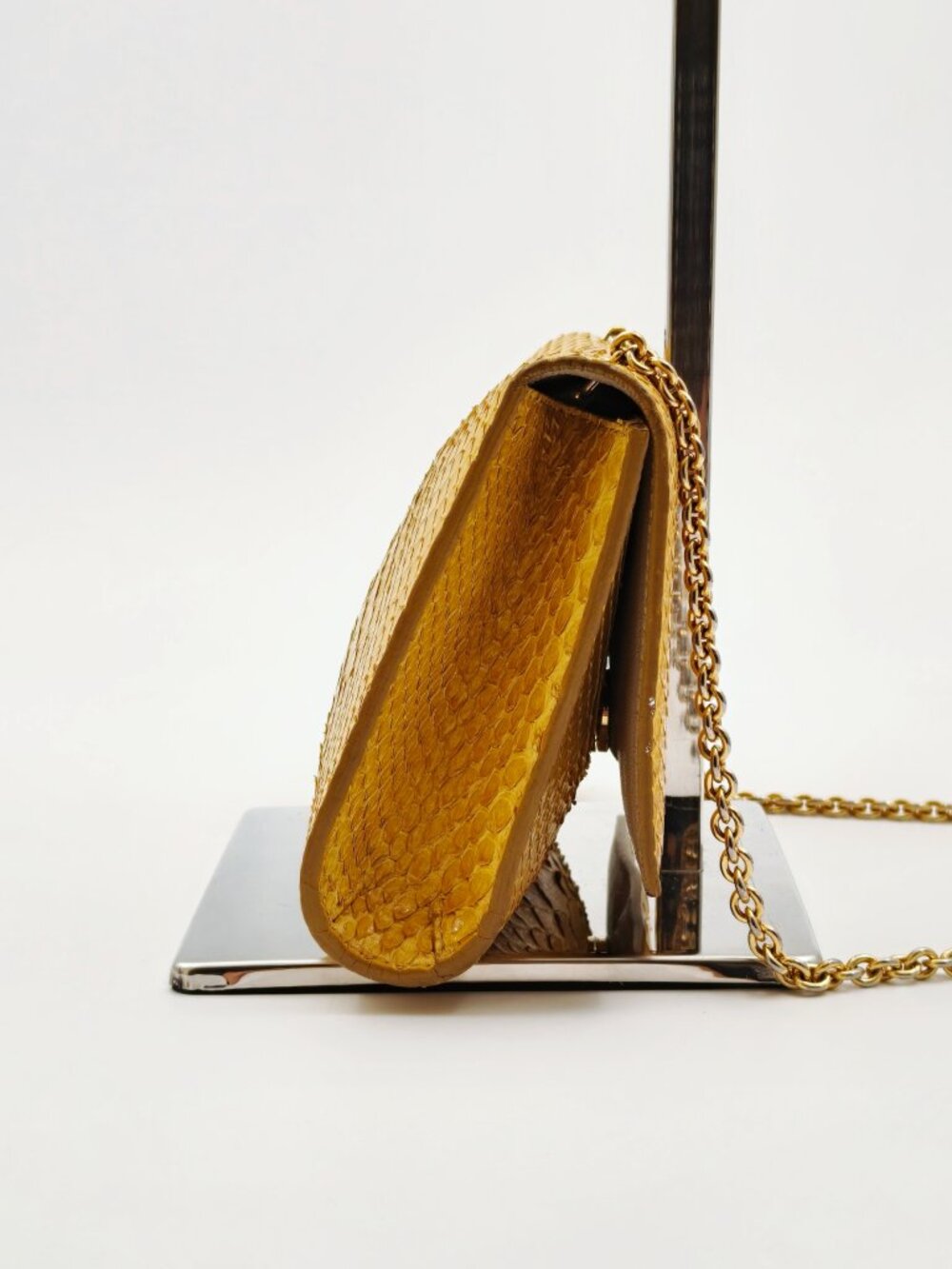 Salvatore Ferragamo Yellow Python Embossed Leather Chain Shoulder Bag Clutch - Picture 6 of 11